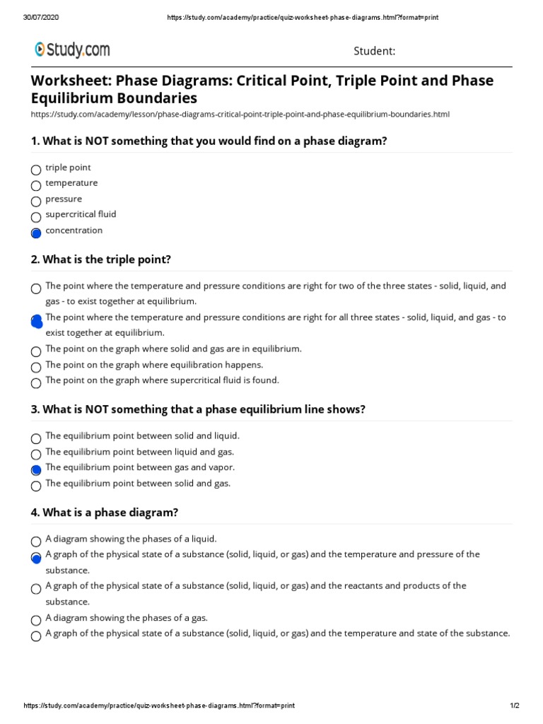 Quiz Worksheet Phase Diagrams PDF Phase Diagram Phase (Matter)