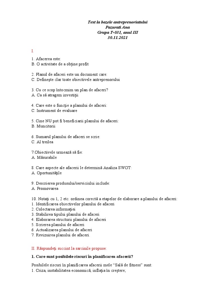 Test La Bazele Antreprenoriatului | PDF