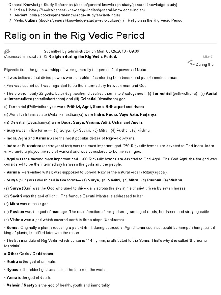 Rig Vedic Religion Overview | PDF | Hindu Literature | Hindu Deities