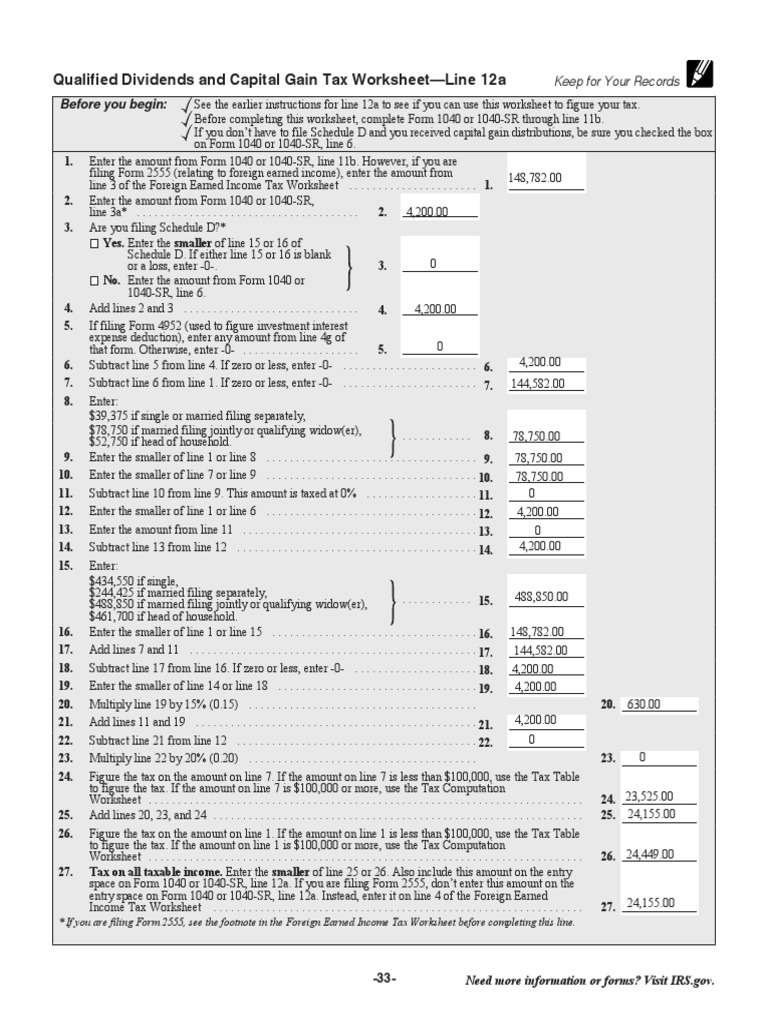 Qualified Dividends and Capital Gains Worksheet PDF Irs Tax Forms
