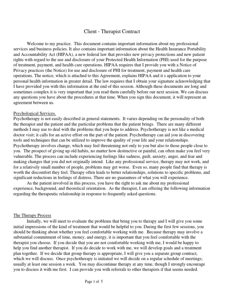 Client - Therapist Contract: Page 1 of 5 | PDF | Psychotherapy | Child ...