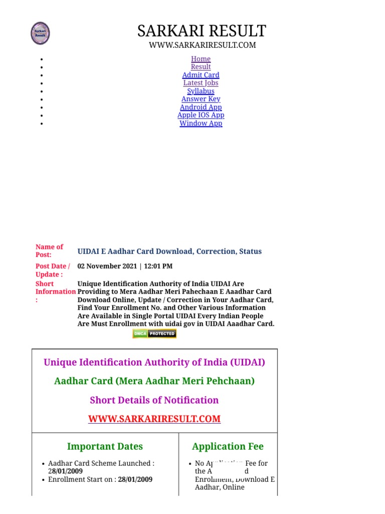 UIDAI E Aadhar Card - Print - Correction, Eaadhar 2021 | Download Free ...
