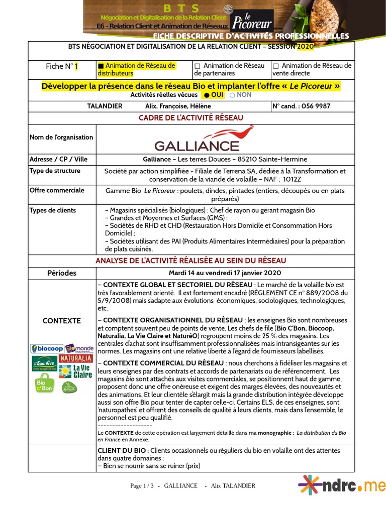 Fiche E6 Bts Ndrc 2020 Vente Directe Fiche E6 Exemple NDRC - ME | PDF | Agriculture biologique | Gestion de la  relation client