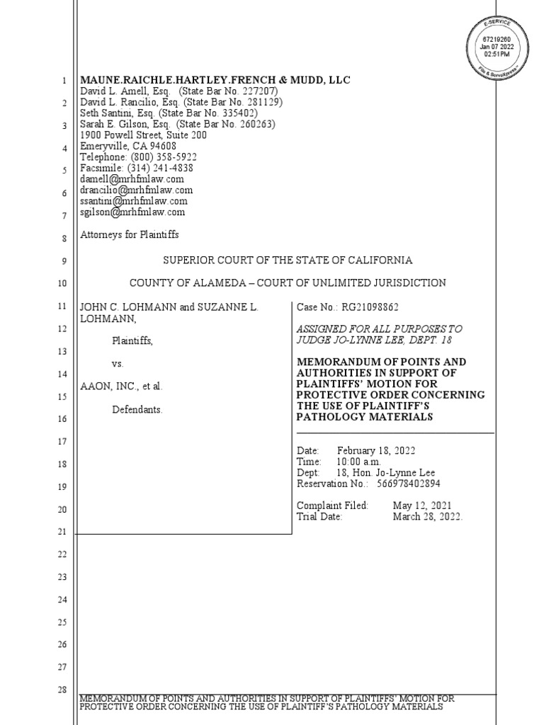 Lohmann Plaintiff's Motion For Protective Order Re Pathology and