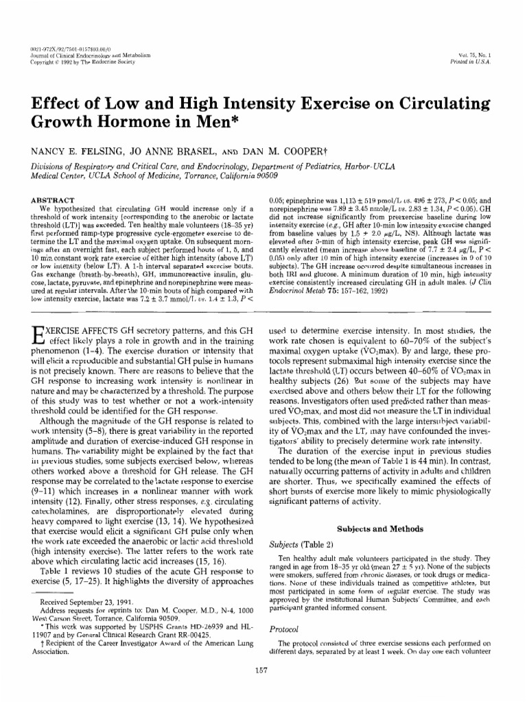 Effect of Low and High Intensity Exercise On Circulating Growth Hormone ...