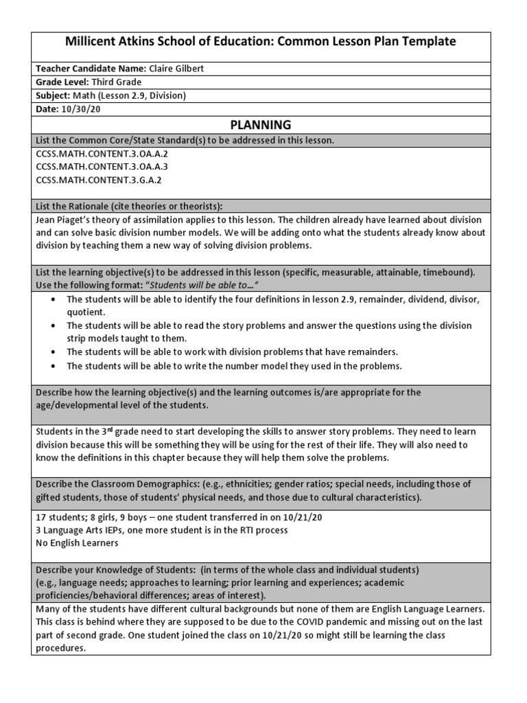 Third Grade Math Lesson PDF Learning Lesson Plan