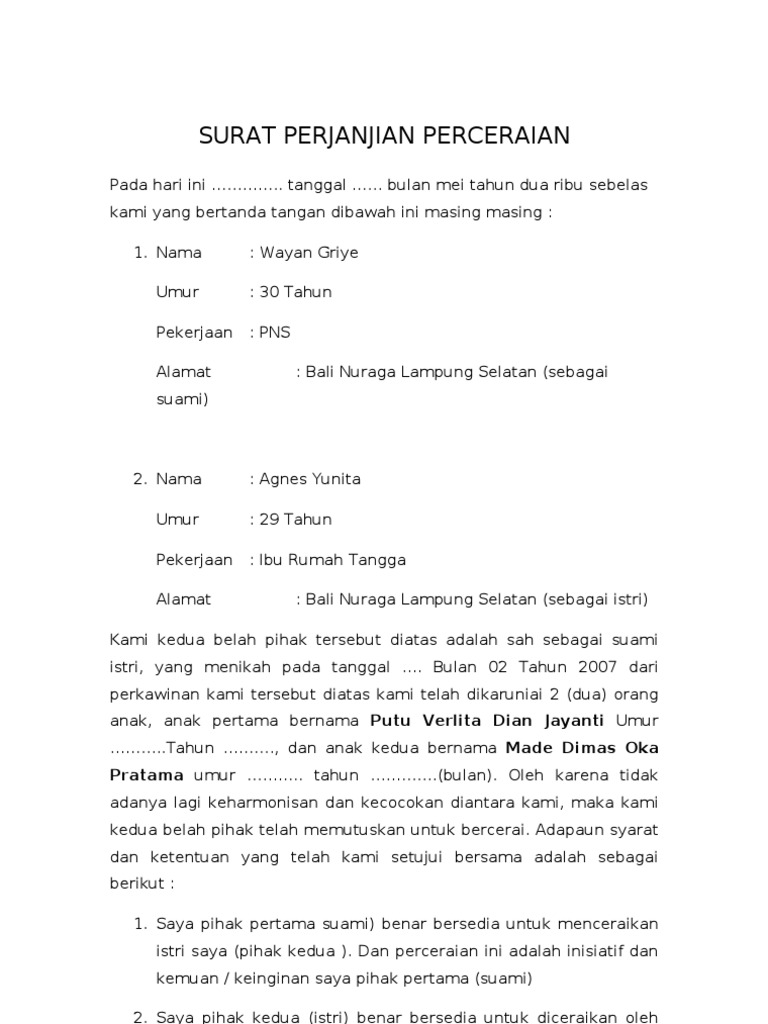 Contoh Surat Perjanjian Untuk Perceraian Contoh Surat