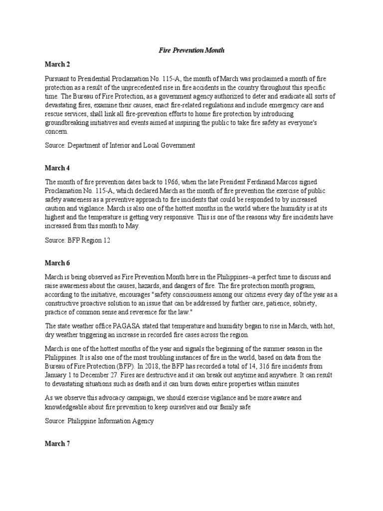 Promoting Fire Safety Awareness Documents Summarize Philippines' Fire Prevention Month