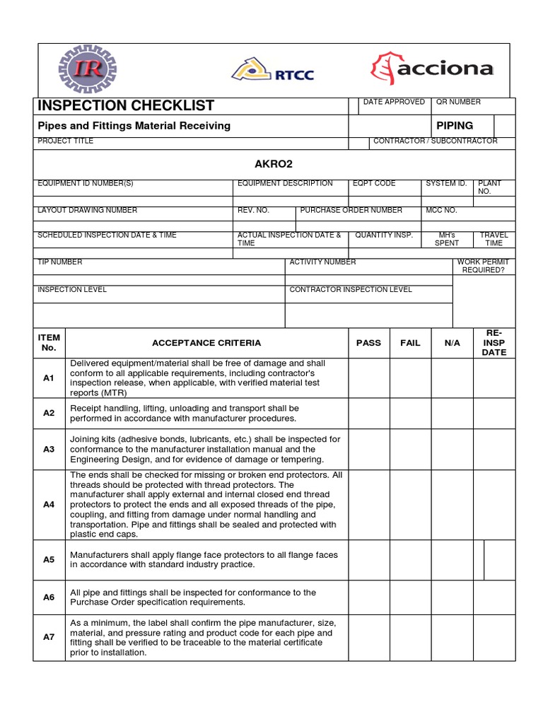 Inspection Checklist Pipes and Fittings Material Receiving Piping