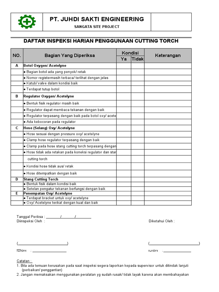 Daftar Inspeksi Cutting Torch Harian | PDF