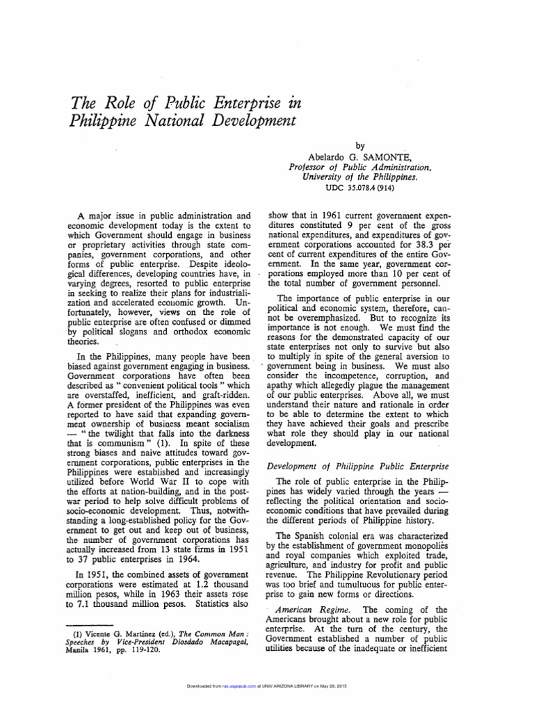 The Role of Public Enterprise in Philippines National Development PDF