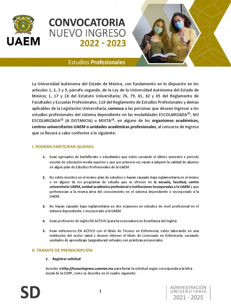 Convocatoria Nuevo Ingreso Licenciatura UAEMex 2022 | PDF | Educación a  distancia