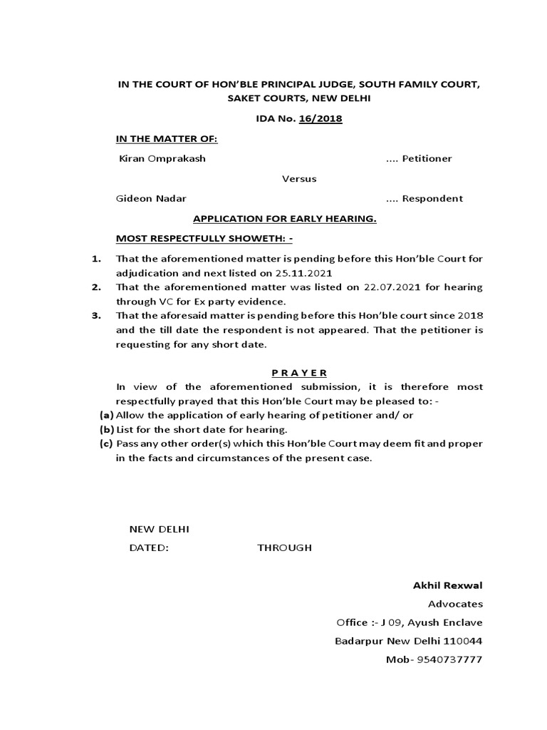 Application for Early Hearing in Family Court | PDF