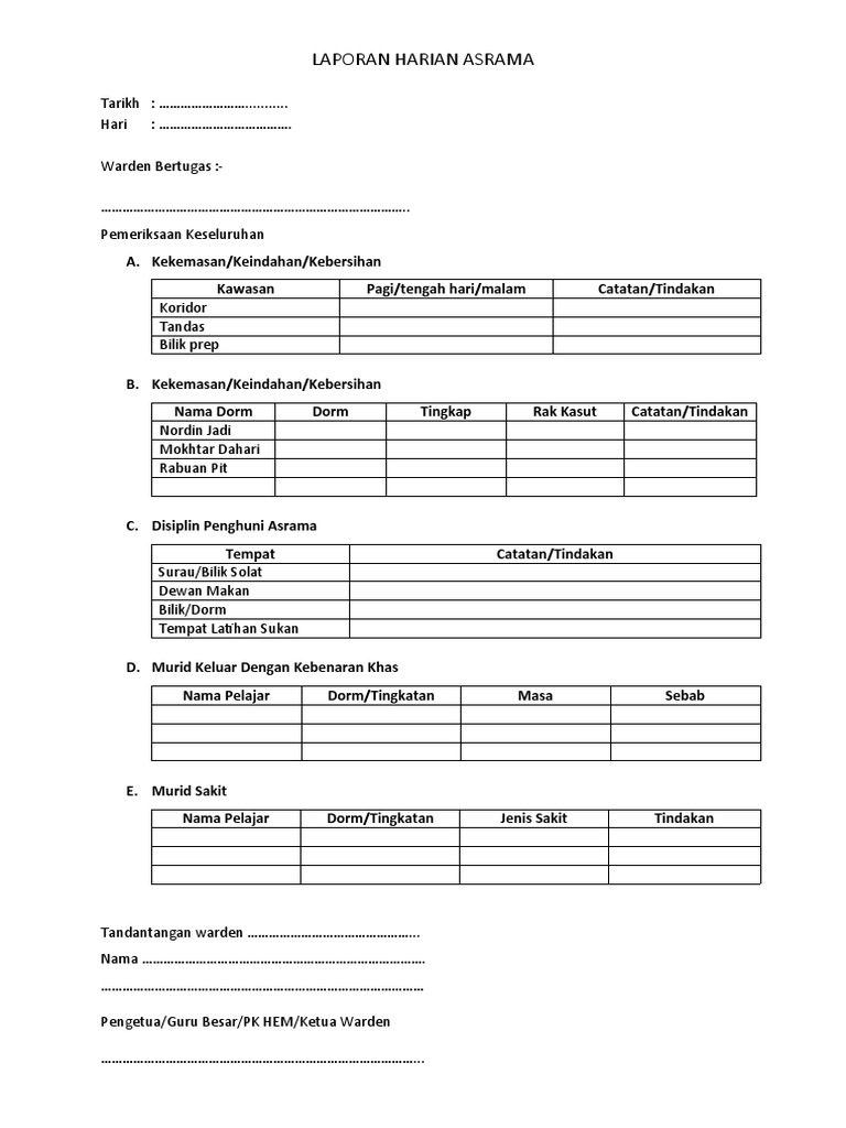 LAPORAN HARIAN ASRAMA