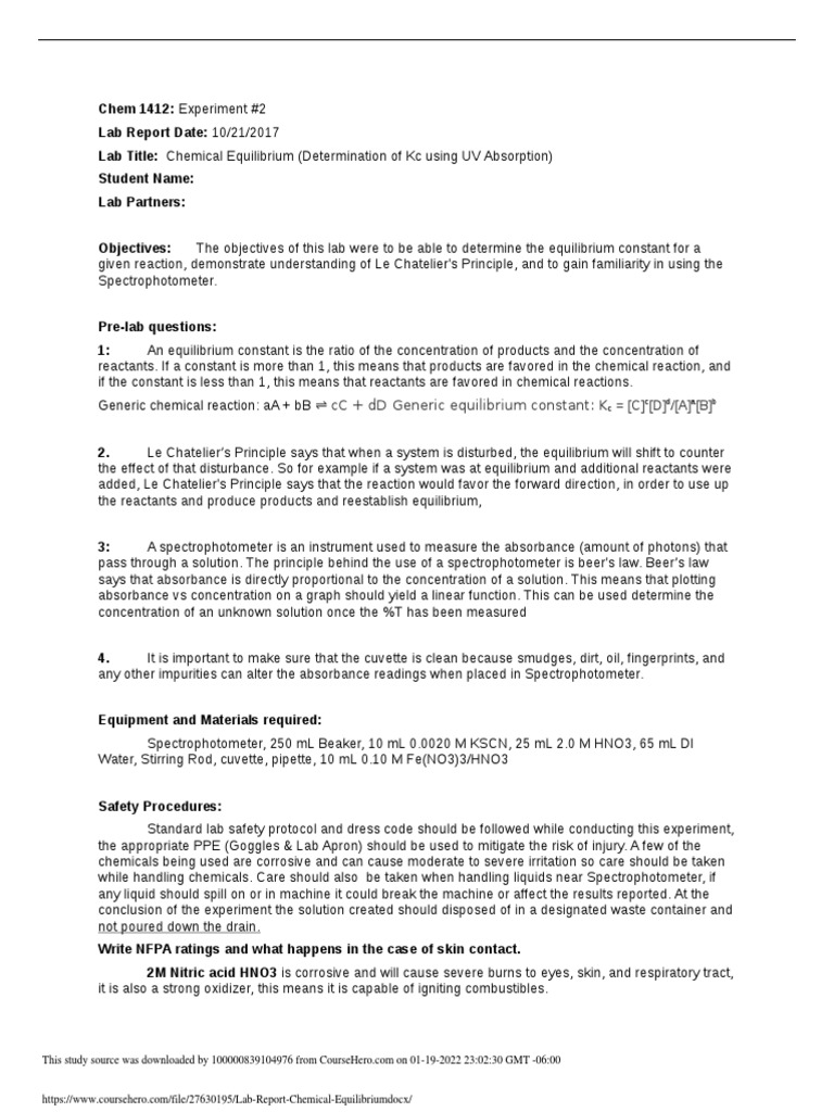 Lab Report Chemical Equilibrium PDF Chemical Equilibrium