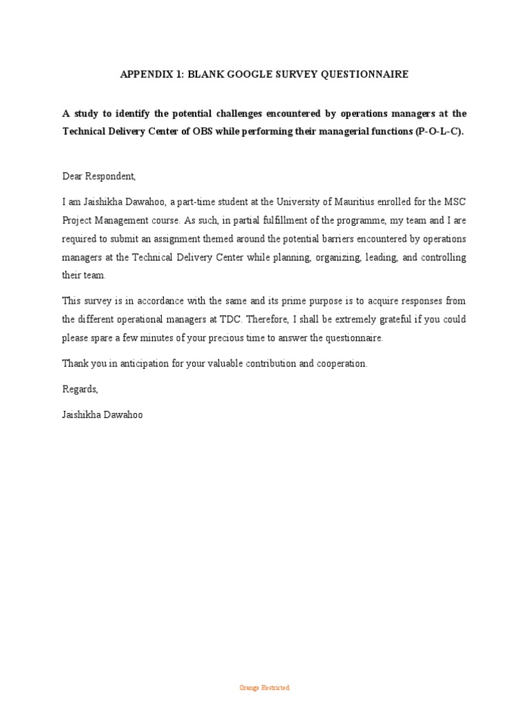 Appendix 1: Blank Google Survey Questionnaire: Orange Restricted | PDF