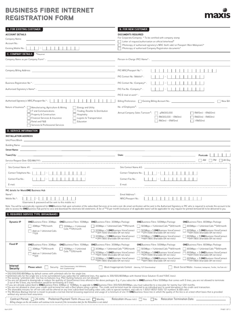 Business Fibre Internet Registration Form: A. For Existing Customer B ...