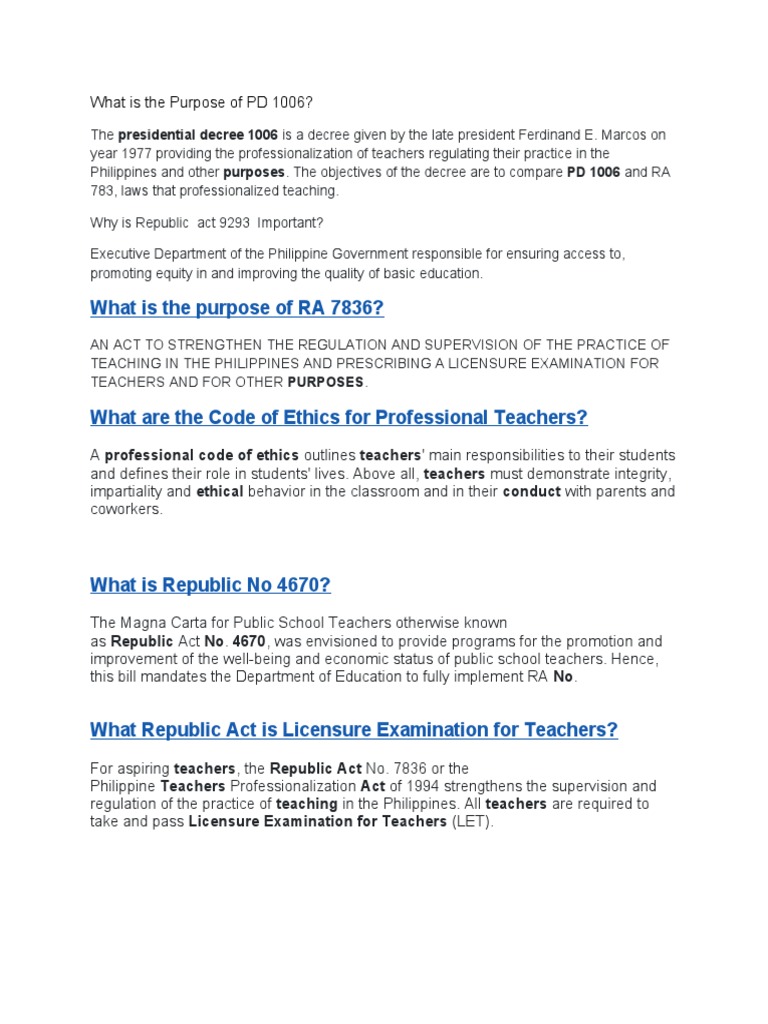Overview of PD 1006 and Teacher Laws | PDF