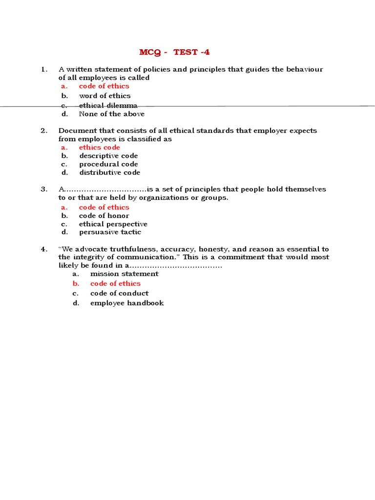 Ethics MCQ TEST 4 PDF Insider Trading Financial Analyst