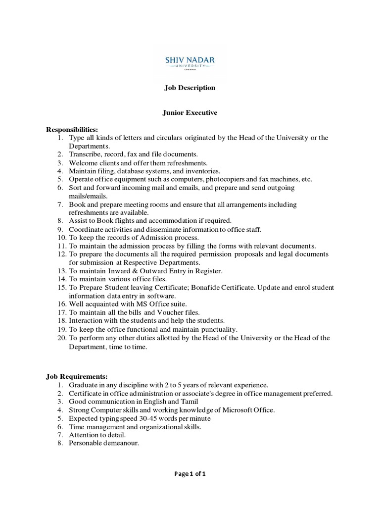 Junior Executive Job Description | PDF | Career & Growth