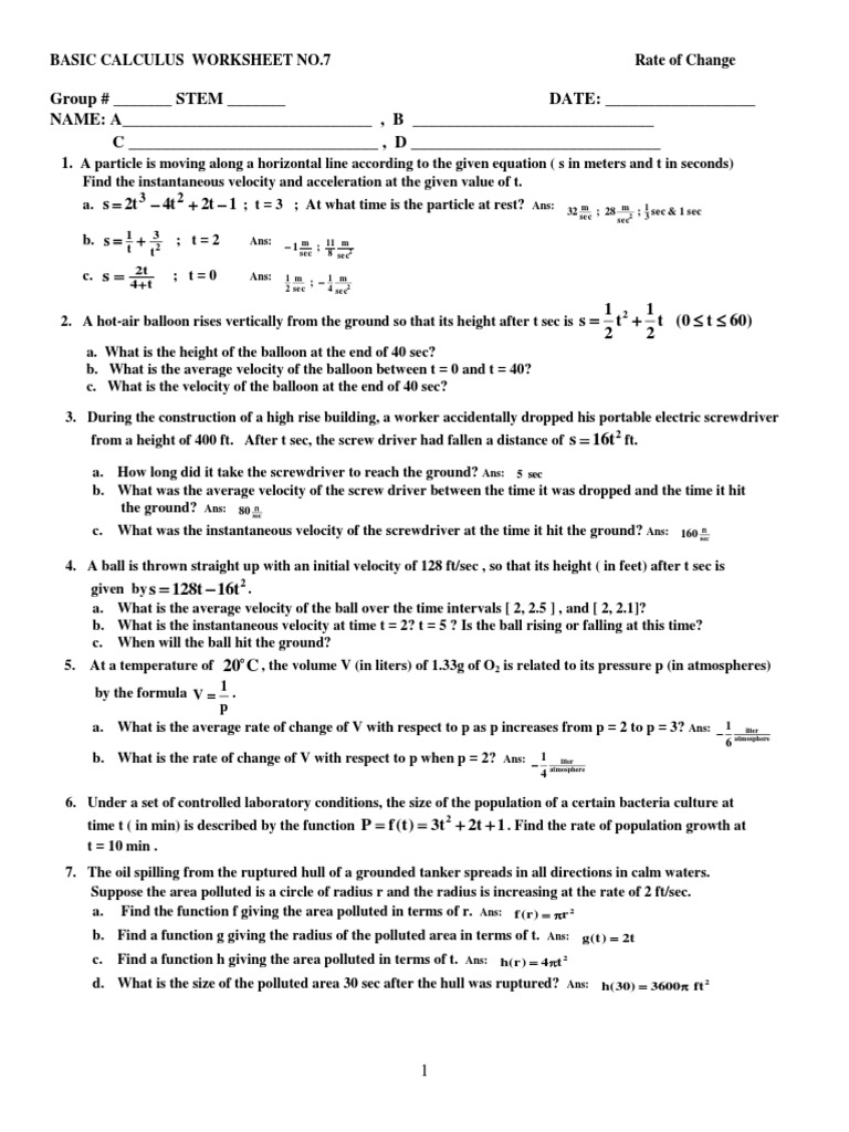 Basic Calculus Rate of Change Worksheet | PDF | Area | Sphere