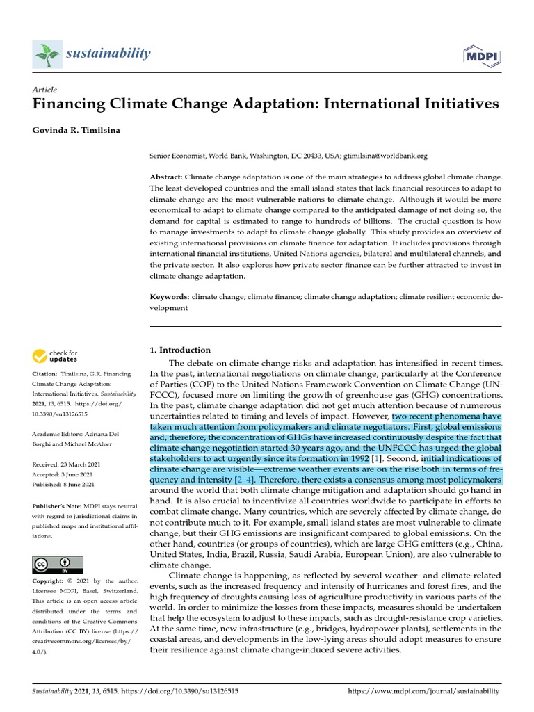 Financing Climate Change Adaptation: International Initiatives | PDF ...