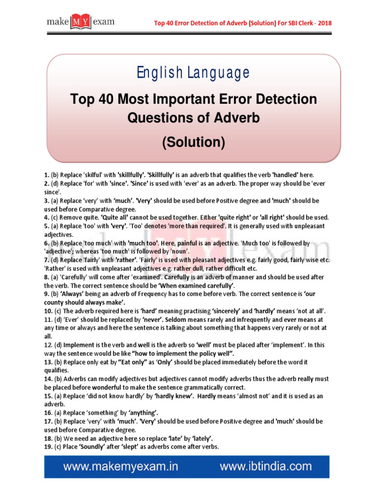 English Language Top 40 Most Important Error Detection Questions of