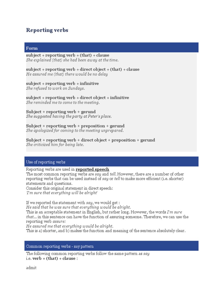 Reporting Verbs and Their Patterns | PDF | Verb | Object (Grammar)