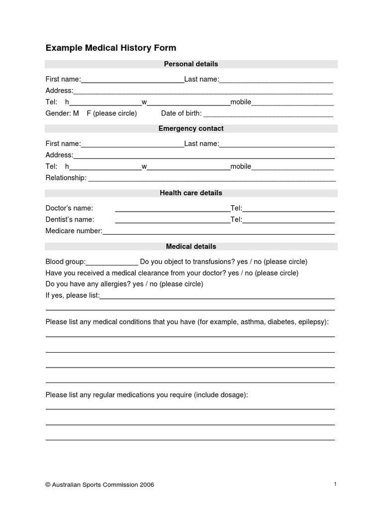 Sports Medical History Form PDF Health Care Medicine