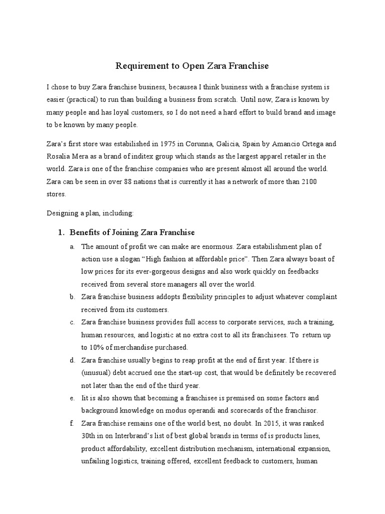 Requirement To Open Zara Franchise PDF Franchising Business Economics