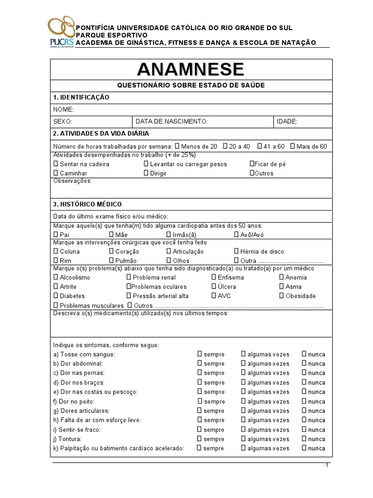 Ficha de Anamnese para Personal, Manuais, Projetos, Pesquisas Educação  Física