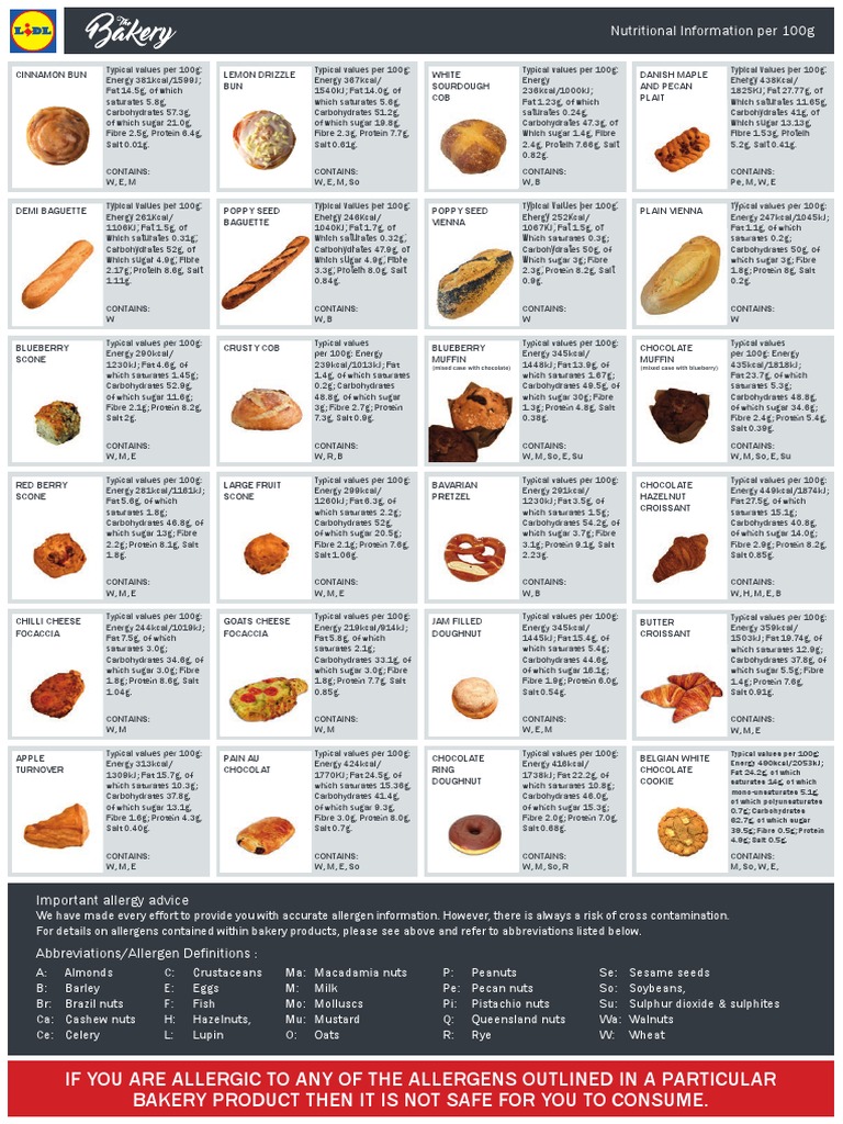 Lidl Bakery Bake Off Nutritional Information NI July 2020 PDF Nut