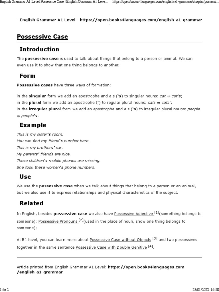 English Grammar A1 Level Possessive Case English Grammar A1 Level