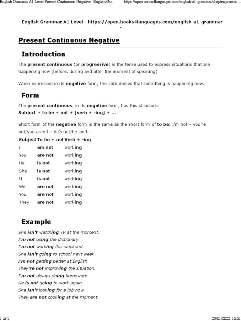 English Grammar A1 Level Present Continuous Negative - English Grammar ...