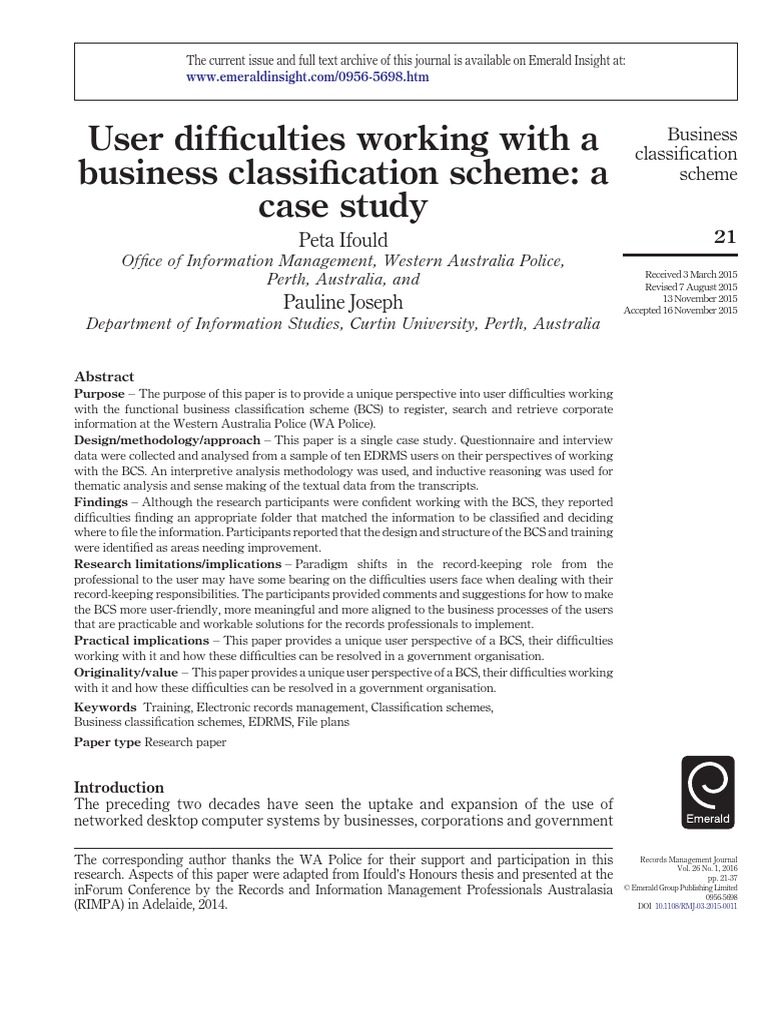 User Difficulties Working With A Business Classification Scheme: A Case ...