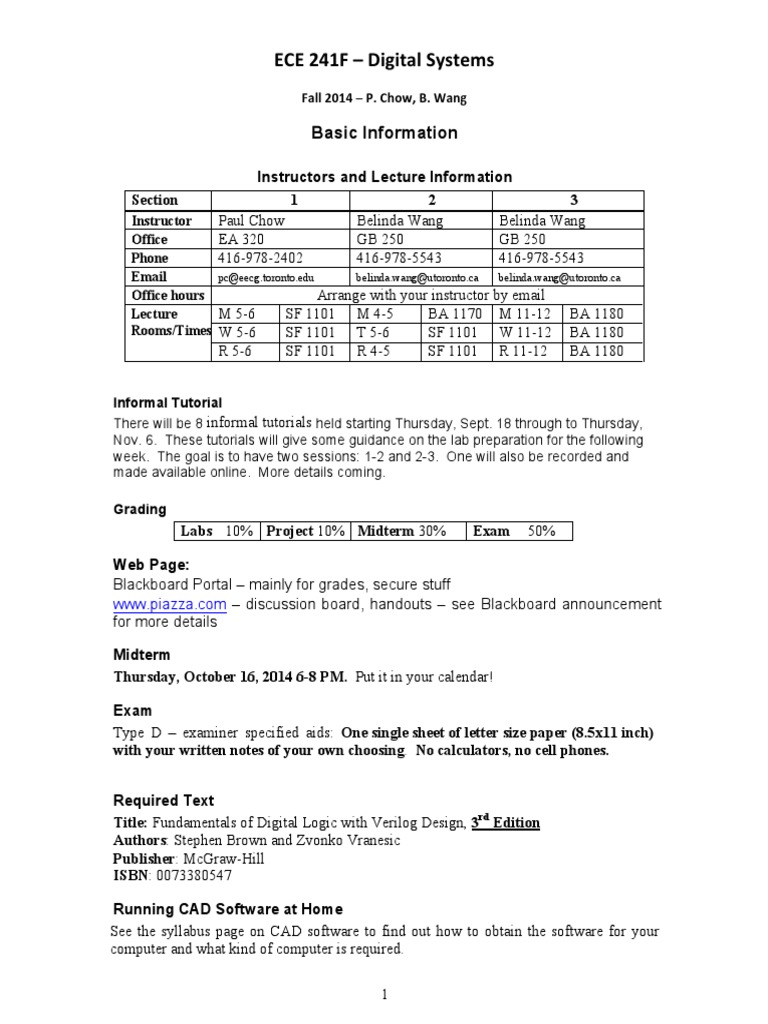 ECE241 Syllabus Fall 2014 PDF Logic Gate Digital Electronics