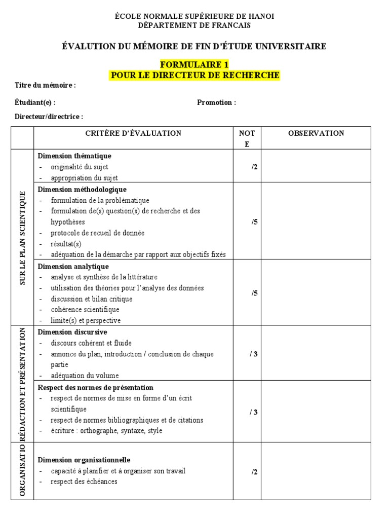 Grille - Evaluation Du Memoire de Fin D'etude Universitaire | PDF ...