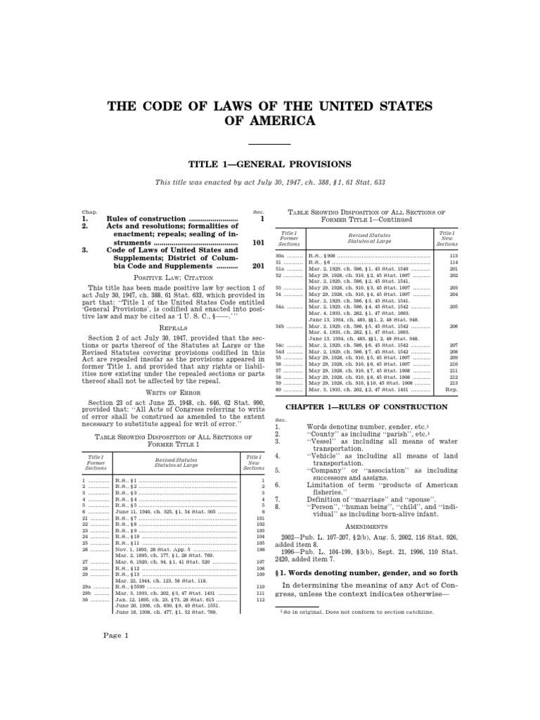 The Code of Laws of The United States of America Title 1General