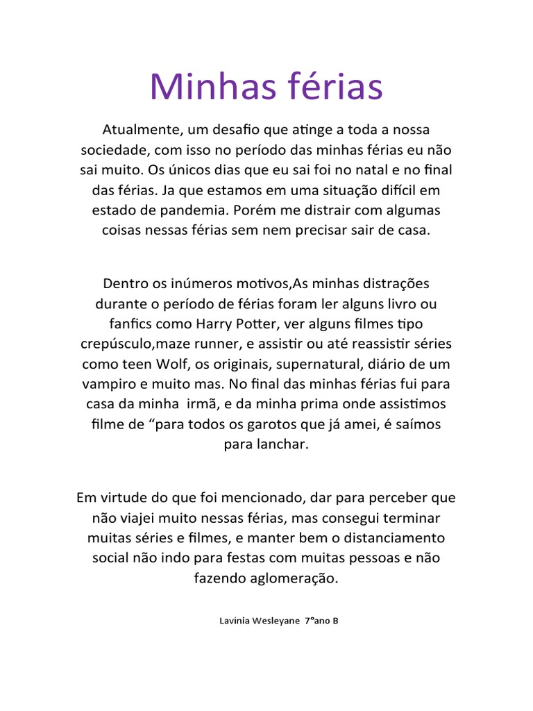 Redação Sobre Minhas Férias Lavinia Wesleyane Carneiro Linhares Santos ...