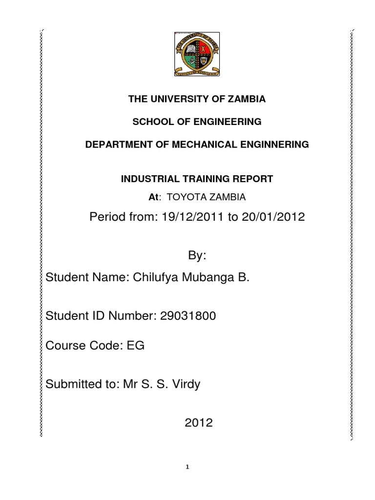 Industrial Training Report Toyota Zambia PDF Pump Hydraulics