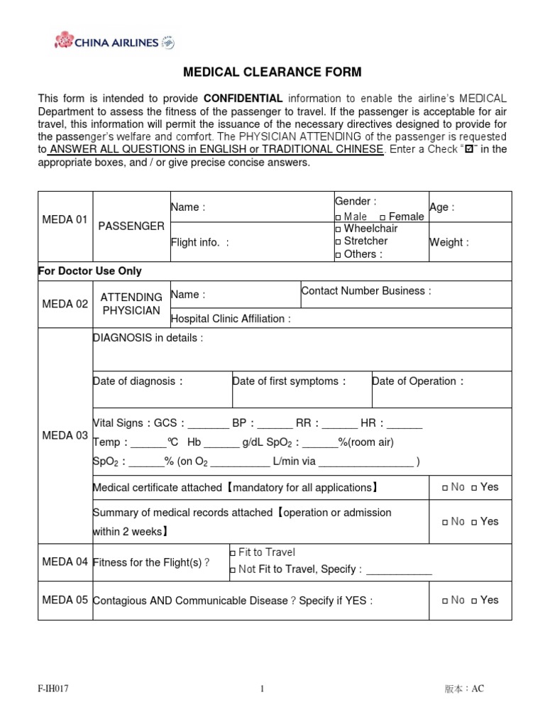Medical Clearance Form: For Doctor Use Only | PDF | Flight Attendant ...