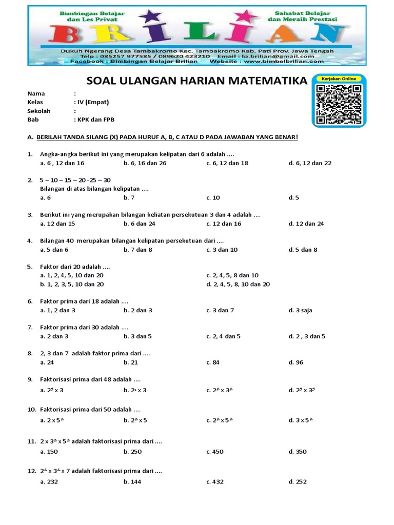 Soal Matematika Kelas 4 SD Bab 4 KPK Dan FPB Dan Kunci Jawaban | PDF