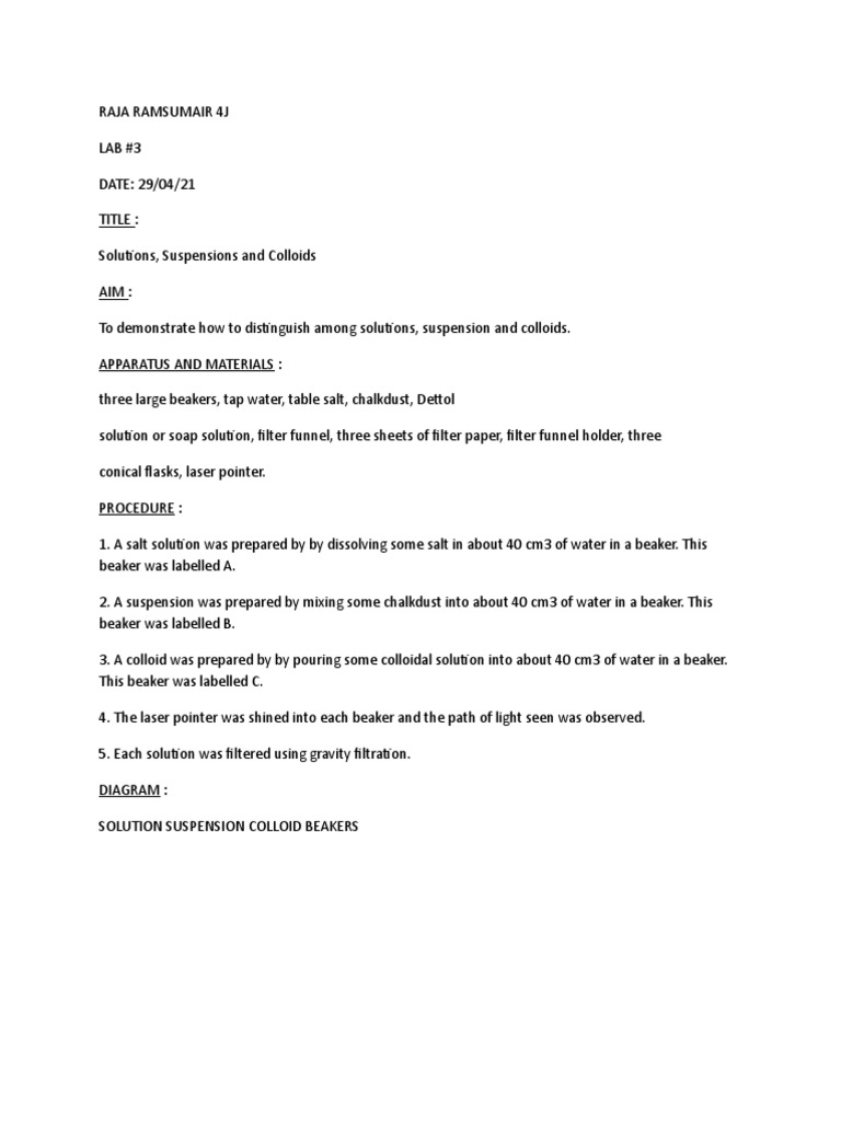 Chemistry Lab On Solutions, Suspensions and Colloids | PDF | Science ...