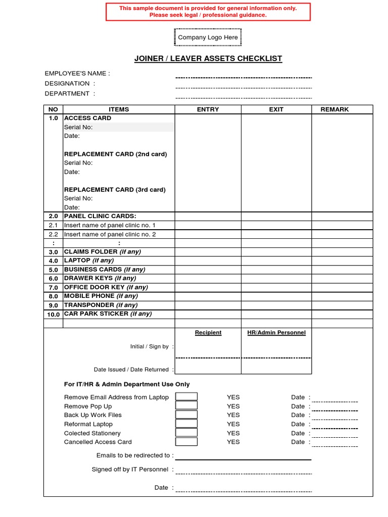 Joiner / Leaver Assets Checklist Initial / Sign by PDF