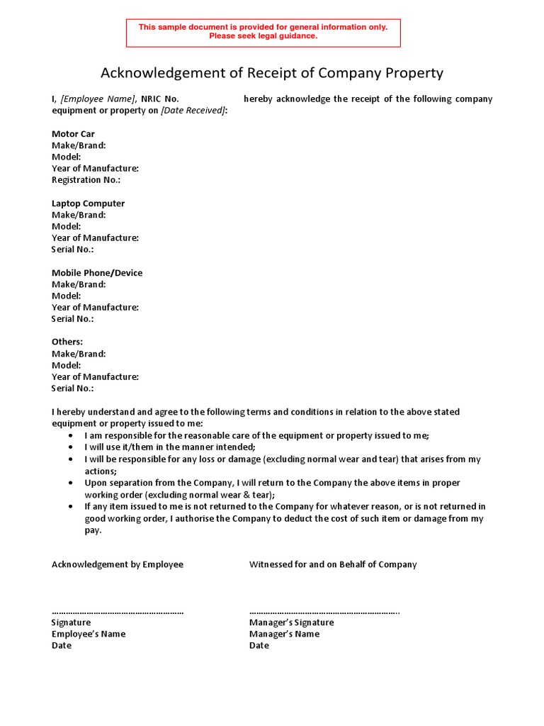 Acknowledgment of Company Property Receipt | PDF | Career & Growth ...