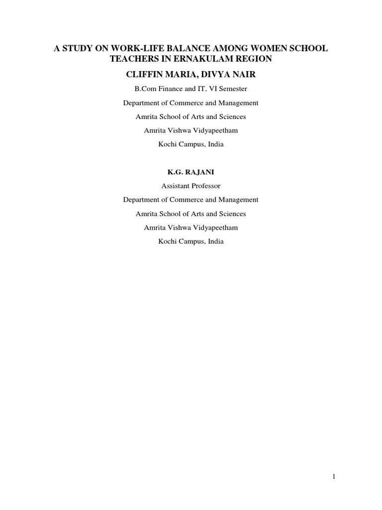 A Study On Work-Life Balance Among Women School Teachers in Ernakulam ...