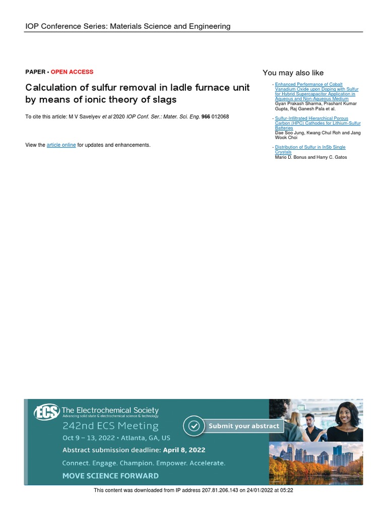 Calculation of Sulfur Removal in Ladle Furnace Unit by Means of Ionic