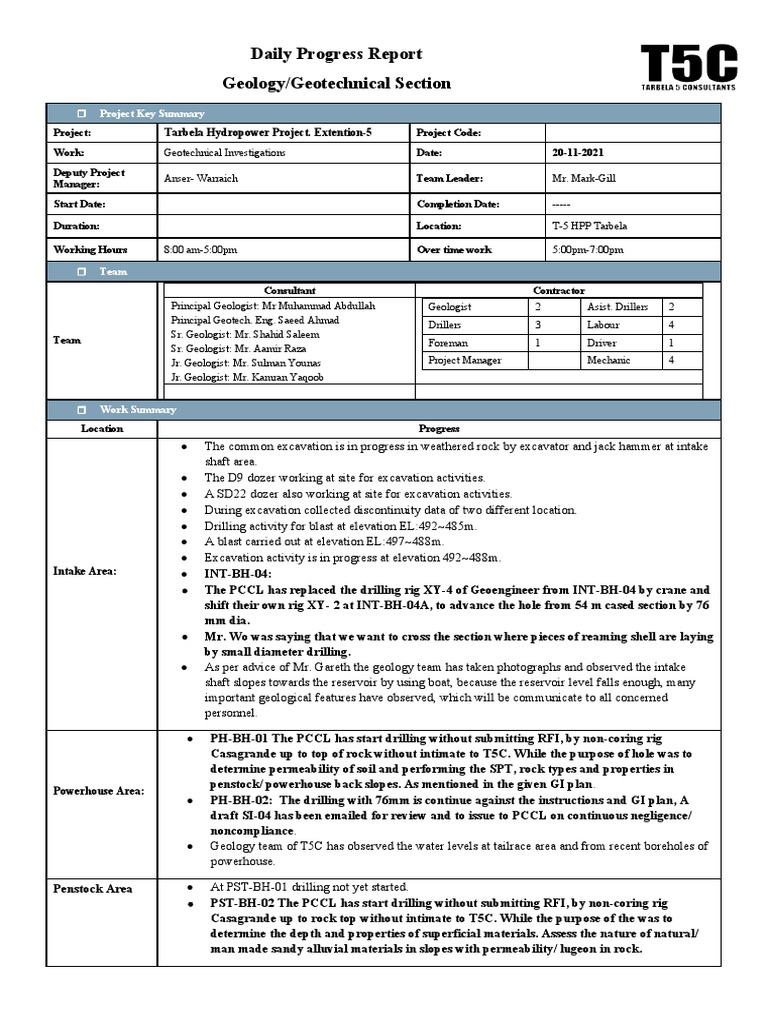 Daily Progress Report Geology/Geotechnical Section: Tarbela Hydropower ...