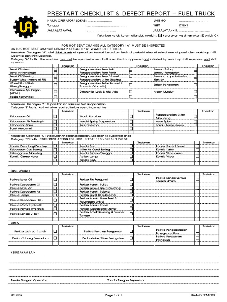 Checklist Pra-Operasi Truk Bahan Bakar | PDF