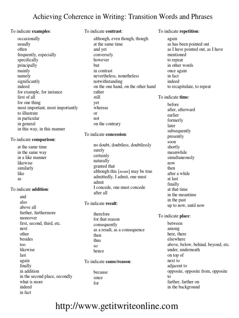 Transition Words for Effective Writing | PDF | Cognitive Science ...